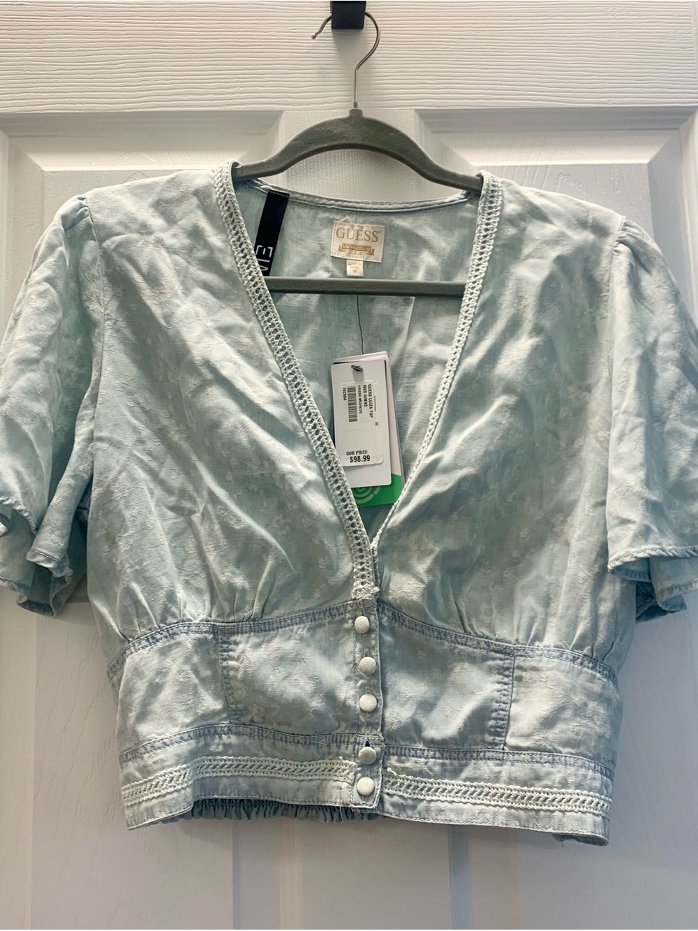GUESS Pale Blue Cropped Button-Front Blouse BNWT